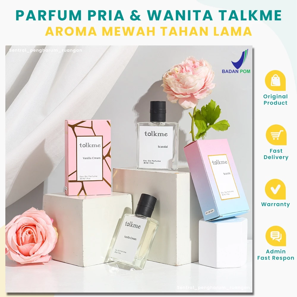 Parfum Talkme Original BPOM Spray 30ml dan Roll On 6ml Official Murah Harga Grosir Reseller Gratis Ongkir Parfume Pria Wanita Laki-laki Perempuan Unisex Aroma Mewah Tahan Lama 24jam Pramugari Pramugara Garuda Indonesia Eau De Parfume Banjarmasin