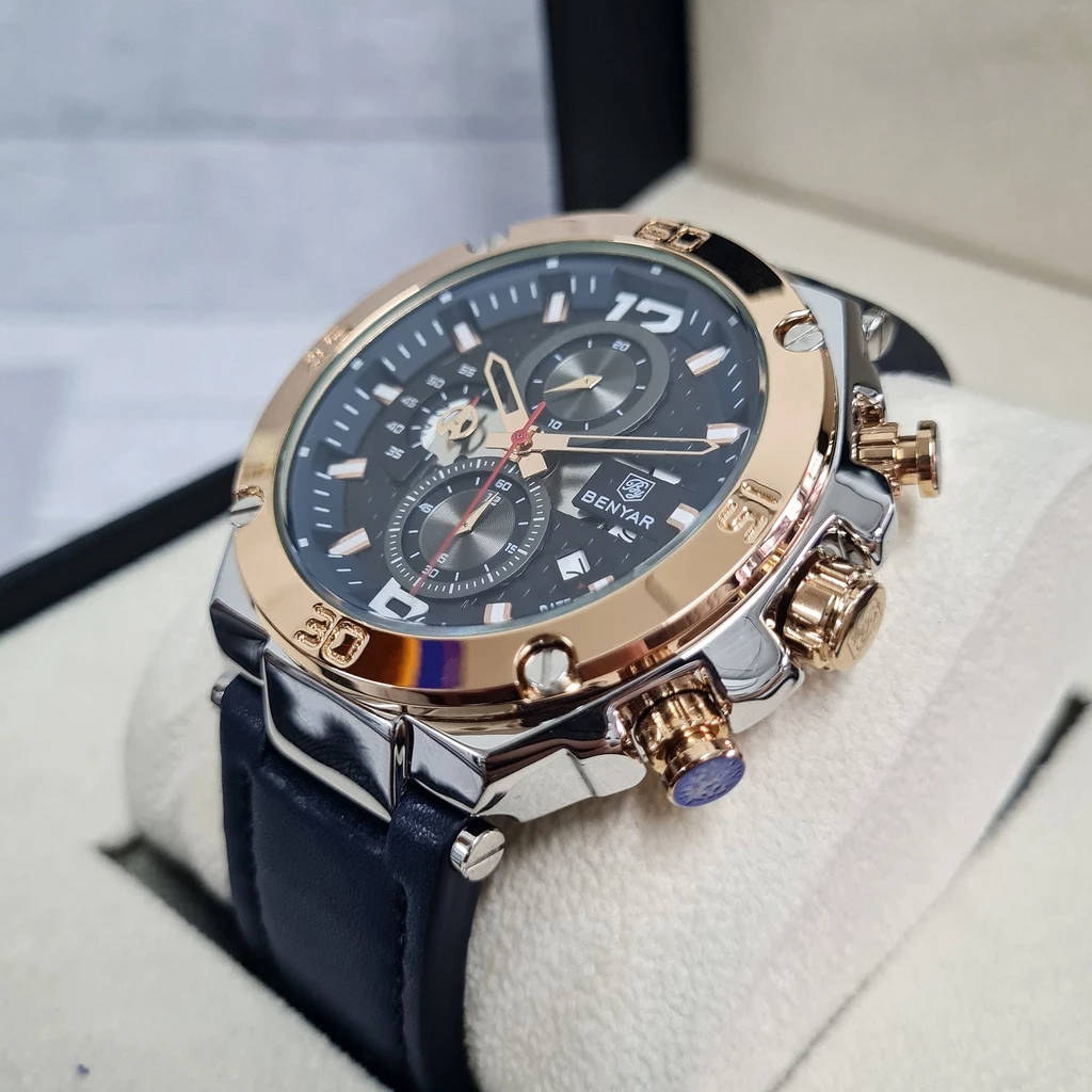 Jam Tangan Pria Original BENYAR Fortune Biru Blue Navy Gold Tali Leather Analog Quartz Chrono Aktif Ori Anti Air Water Resist