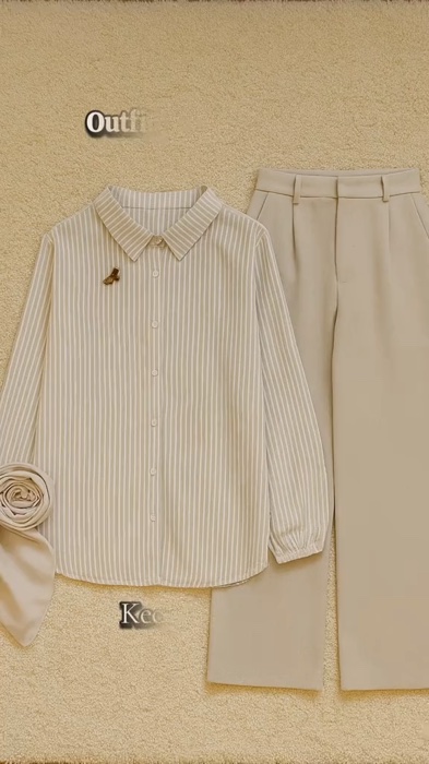 ￼Setelan Wanita Bangkok Style One set ( Blouse kemeja salur Cream + Celana Hightwaist Hijab ) AM210N#shopeevideo #fyp #bajuwanita #RacunShopee