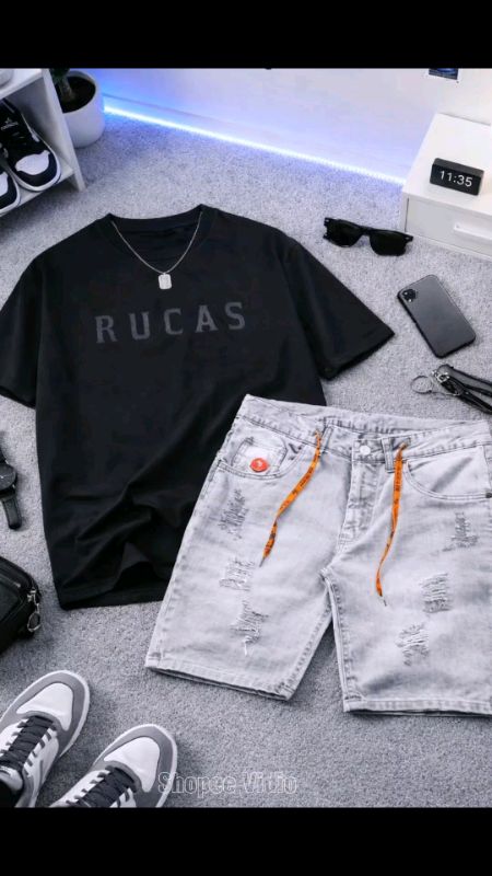 Kaos Unisex Rucas Dan Celana Jeans Pendek #celanapria #celanapendek #kaosdistro #kaosmurah #kaos #ShopeeCOD #ShopeeLook #SpillRacunShopee
