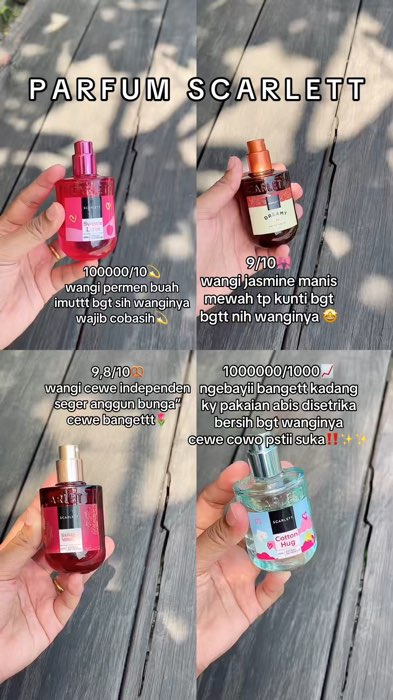 Rating parfum scarlett 🤩🤩 #parfumwanita #parfumscarlett #scarlettbodyserum #birusamudra #scarlettparfum #velvetrouge #ViralDiShopeeVideo
