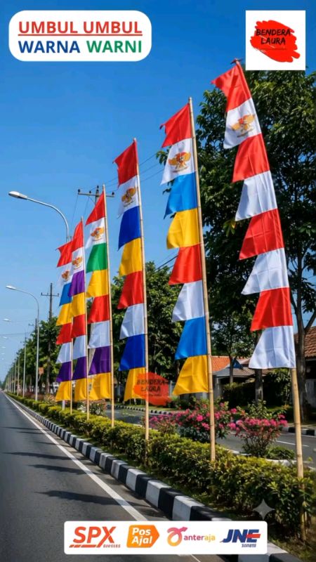 Umbul umbul warna warni tersedia berbagai macam dan motif #benderawarna #benderawarnawarni #benderawarnawarnisegitiga #benderawarnawarnifestival #fyp
