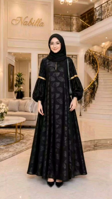 Abaya hitam detail emboss & renda gold bikin penampilan makin mahal #abayamuslim #gamismewah #abayahitam #dressmuslimah #ootdhijab #RacunShopee
