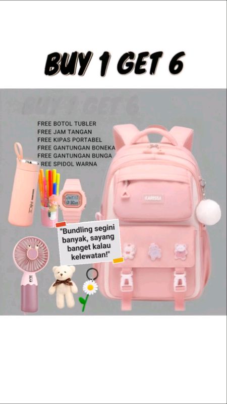 Tas sekolah anak perempuan bonus lengkap, sekali beli langsung siap sekolah tanpa ribet. Stok promo terbatas #tassekolahmurah #tassekolahanak #tasanak