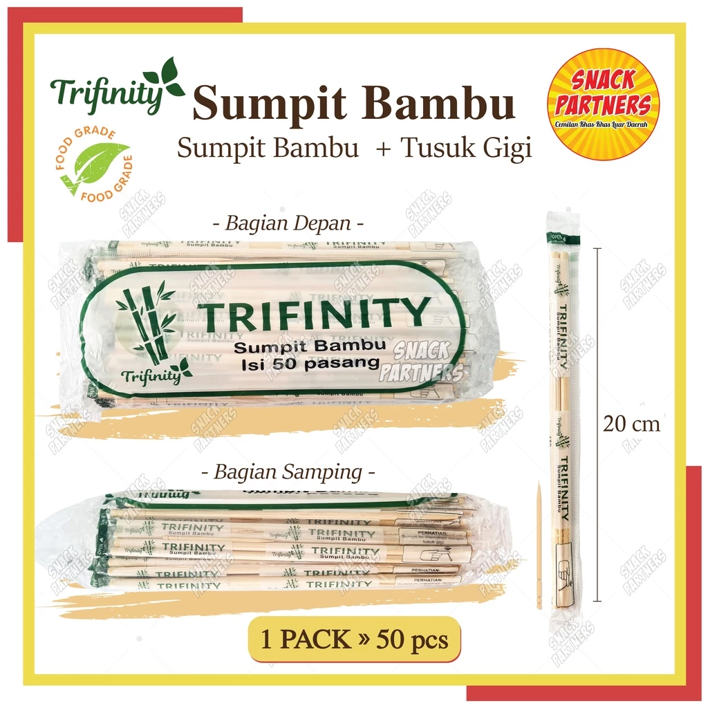 SUMPIT BAMBU + Tusuk Gigi 50 PCS / Pack TRIFINITY - Bamboo Panda Higienis Bersih Halus Kering Pack Import Banjarmasin