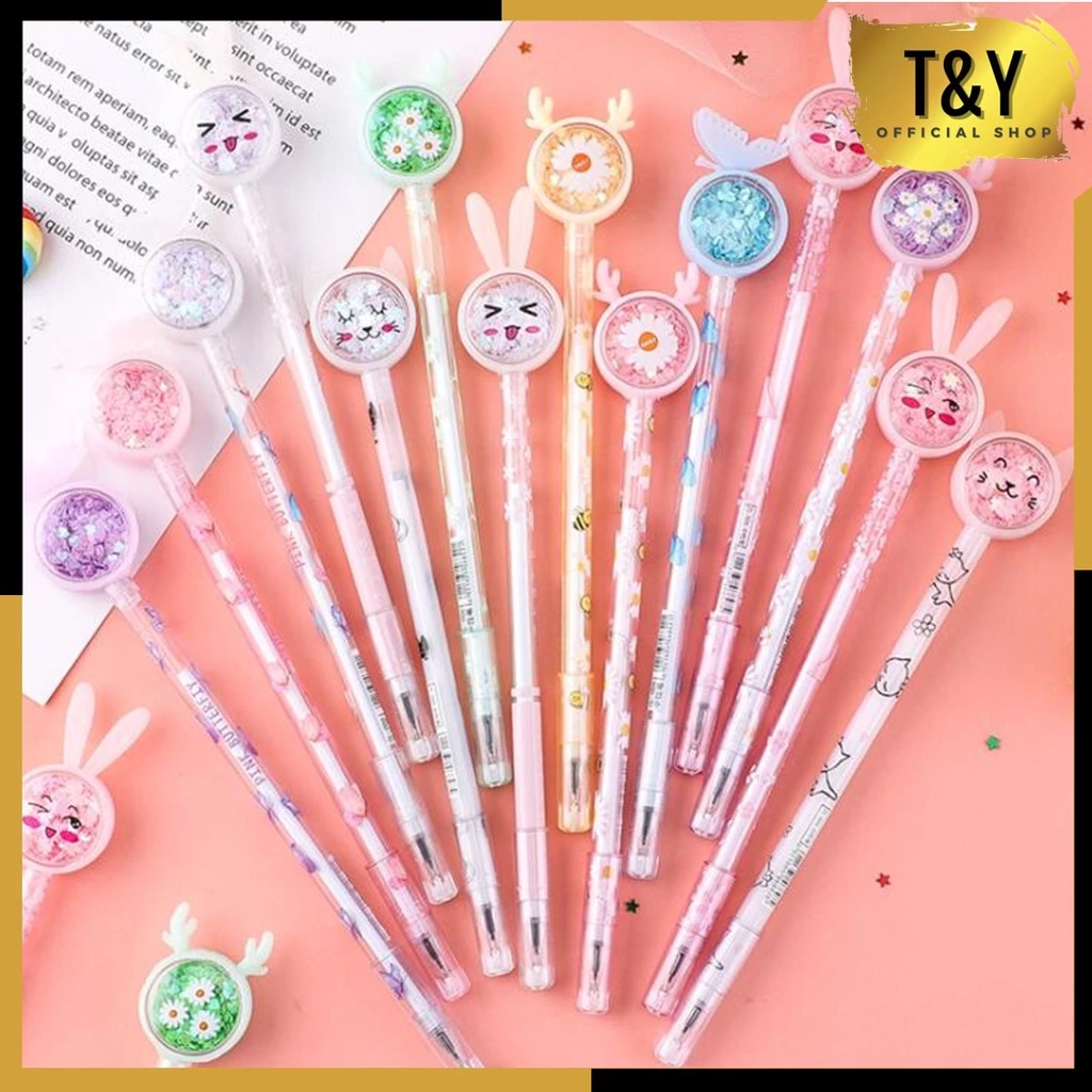 T&Y Pena Karakter Payet Gliter Motif Bunny Lucu Black Ink Gel Pulpen  Gel Bolpen Gel Pastel Alat Tulis Karakter Kupu-Kupu Perlengkapan Sekolah Kantor