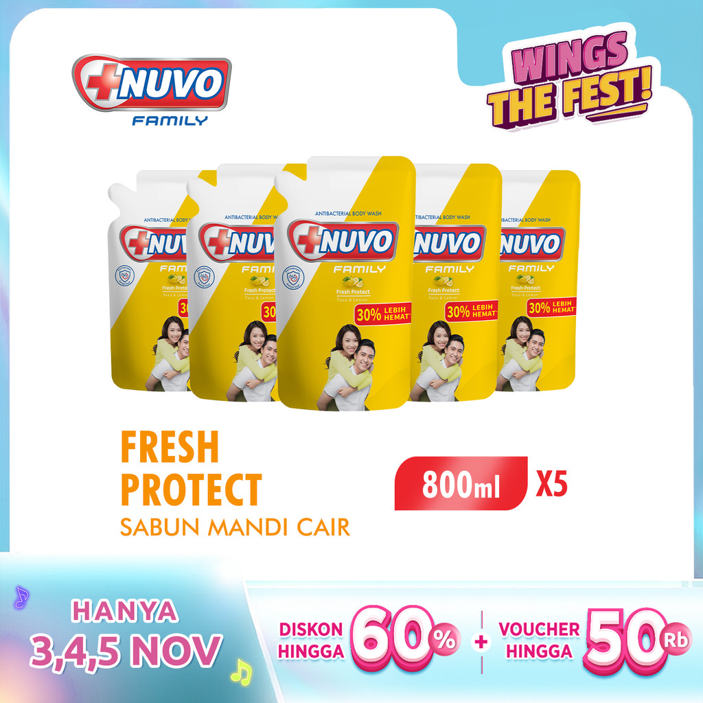 Nuvo Family Sabun Mandi Cair Kuning Fresh Protect Pouch 800 Ml x5