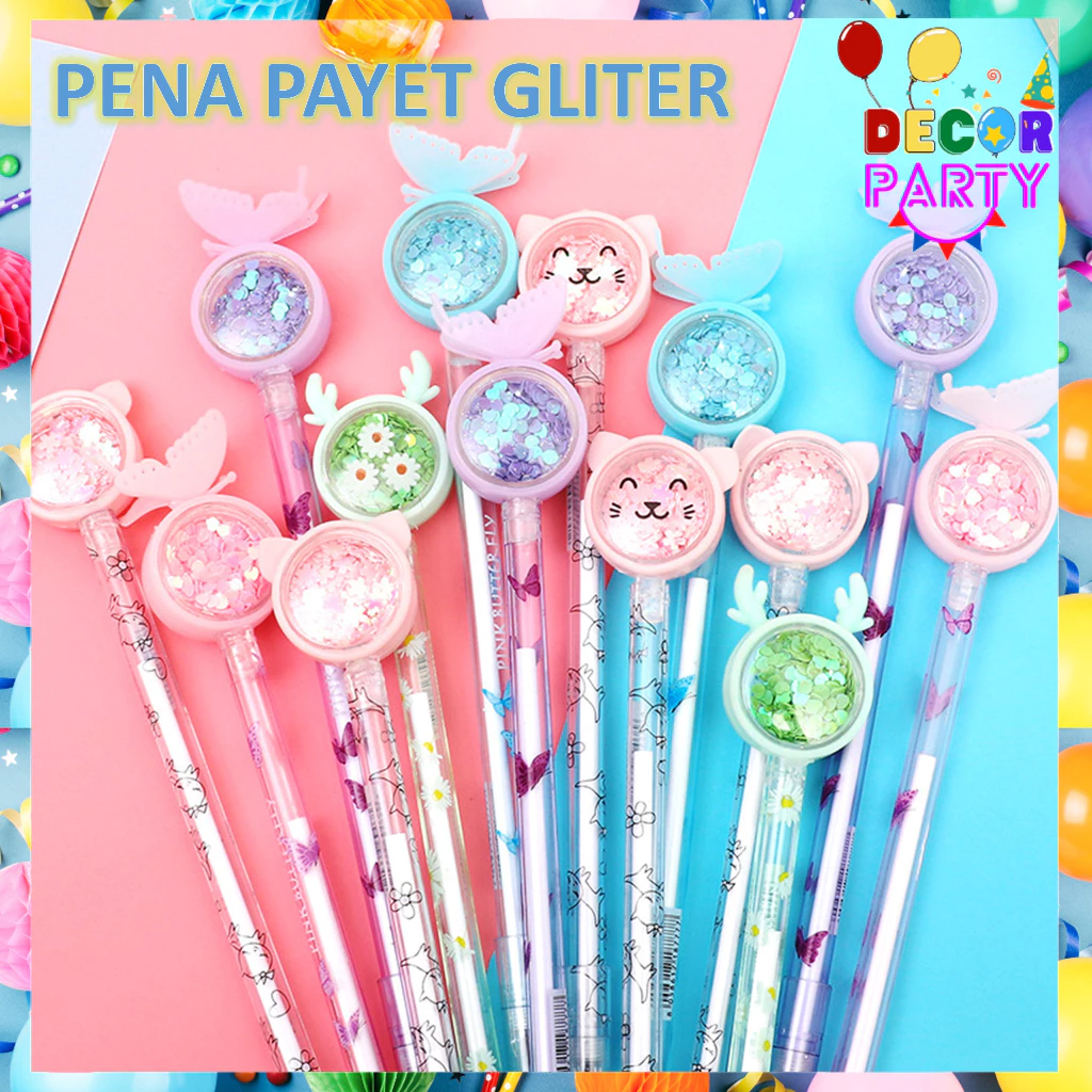 DP Pena Cute Karakter Kupu-Kupu Payet Gliter Bunny Lucu Black Ink Gel Pulpen Gel Bolpen Gel Pastel Alat Tulis Motif Gliter Perlengkapan Sekolah Kantor