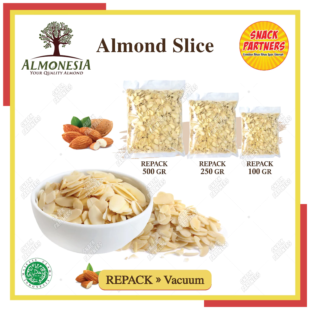 ALMOND SLICE MENTAH / RAW Repack VACUUM 100 250 500 GR - Kacang Almond Iris Natural ALMONESIA - Vacum Topping Cake, Kue, Brownies, Minuman, Dessert BANJARMASIN 100GR 250GR 500GR