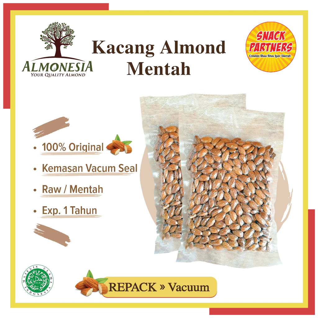 KACANG ALMOND UTUH (MENTAH & PANGGANG) Repack Vacuum 100 / 250 GR - Raw Roasted Whole Almond ALMONESIA Vacum Banjarmasin 100GR 250GR
