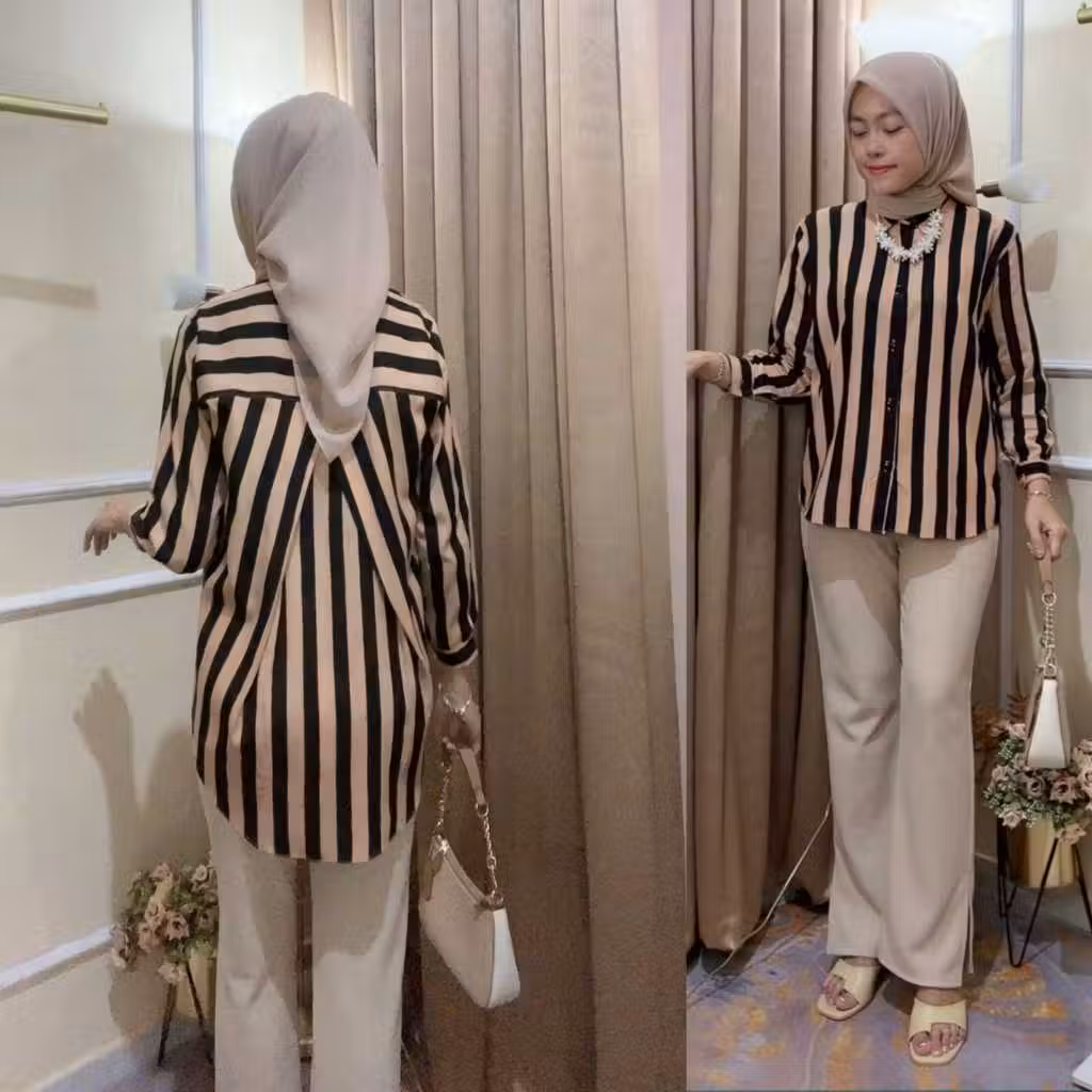 Kemeja salur wanita rayon silang belakang jumbo LD120 lengan panjang terbaru 2024