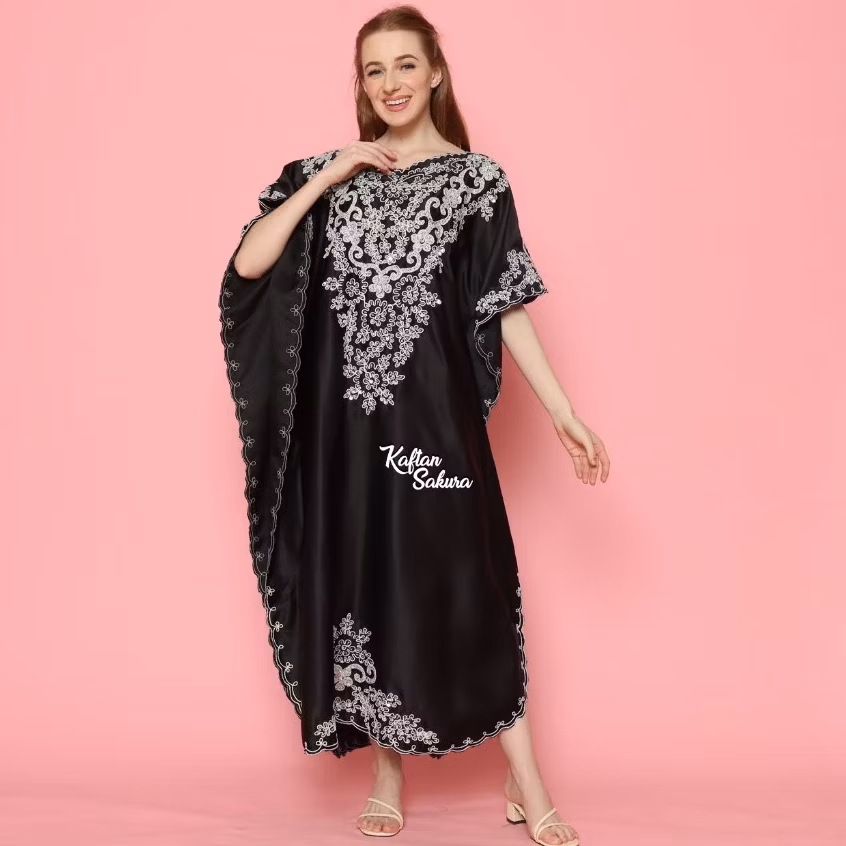Kaftan Luna Super Premium Bahan Satin Full Bordir Motif Polos Warna Hitam Putih Marun Navy Mewah