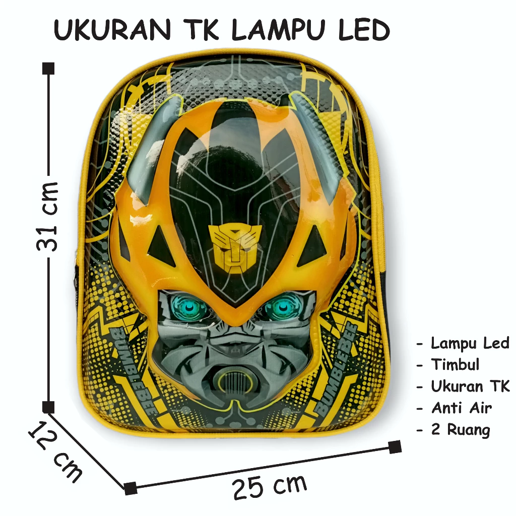 tas ransel anak bumblebee laki laki lampu nyala led timbul 3d untuk tk paud