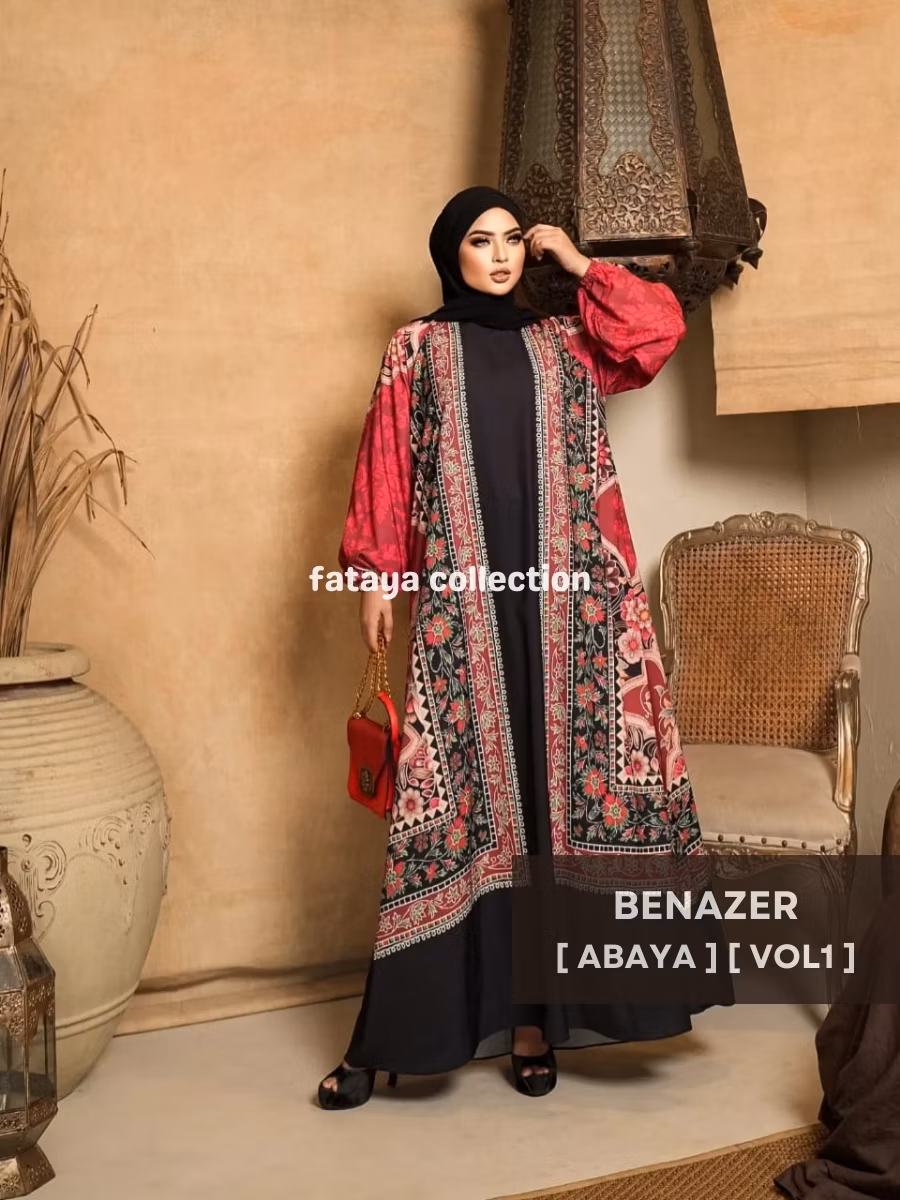 Fataya Collection BENAZER Abaya Exclusive Black Red - Kain Silk Doff LD120cm