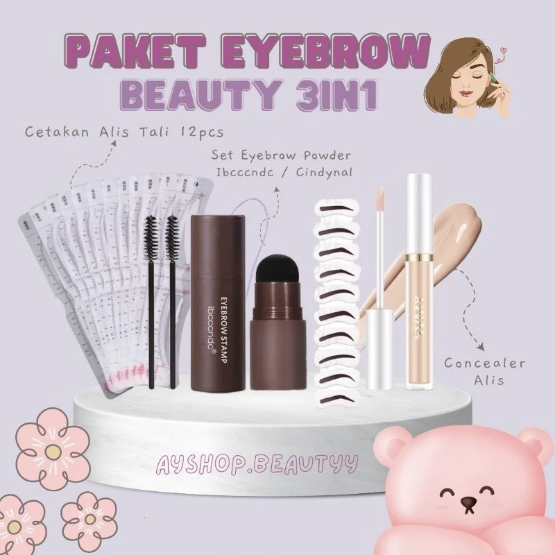 Paket Ngalis 3in1 - Paket Eyebrow Powder 3in1 (Powder Alis, Cetakan Tali 12pcs, Concealer+ Sikat Alis dan Cetakan Single)