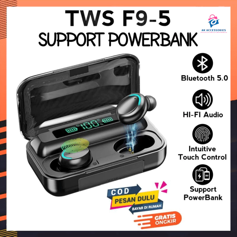 AKACC F9-5 TWS HEADSET BLUETOOTH GAMING NIRKABEL POWERBANK INCLUDED