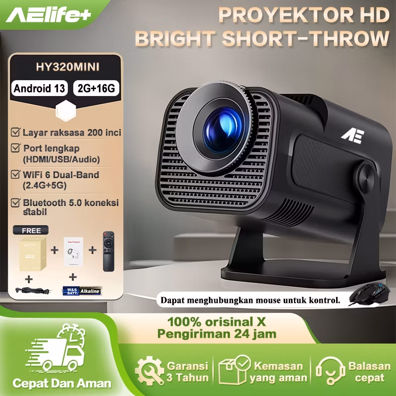 AE Smart Proyektor Android 4K Full HD Android 13.0 Infocus Proyektor Mini MirrorLink Auto Keystone L