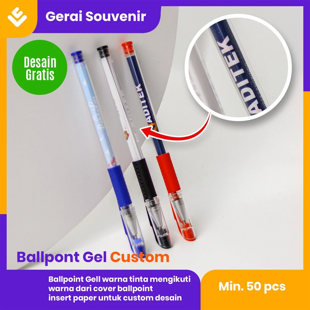 Ballpoint Pulpen Bolpen Bolpoin Gel / Jel Promosi Custom Desain Logo Tulisan