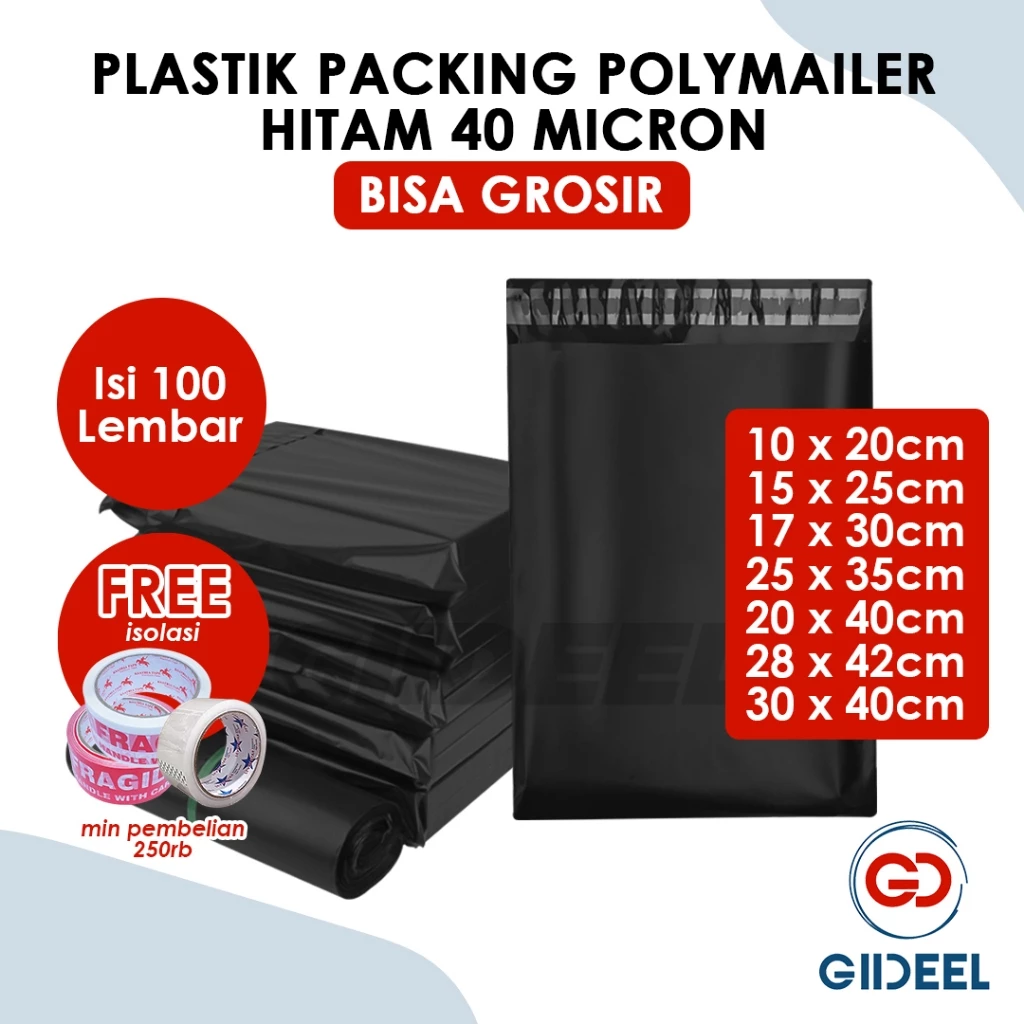 GIIDEEL PLASTIK PACKING POLYMAILER EKONOMIS 15X25 17X30 20X30 25X35 20X40 30x40 HITAM 100 PCS