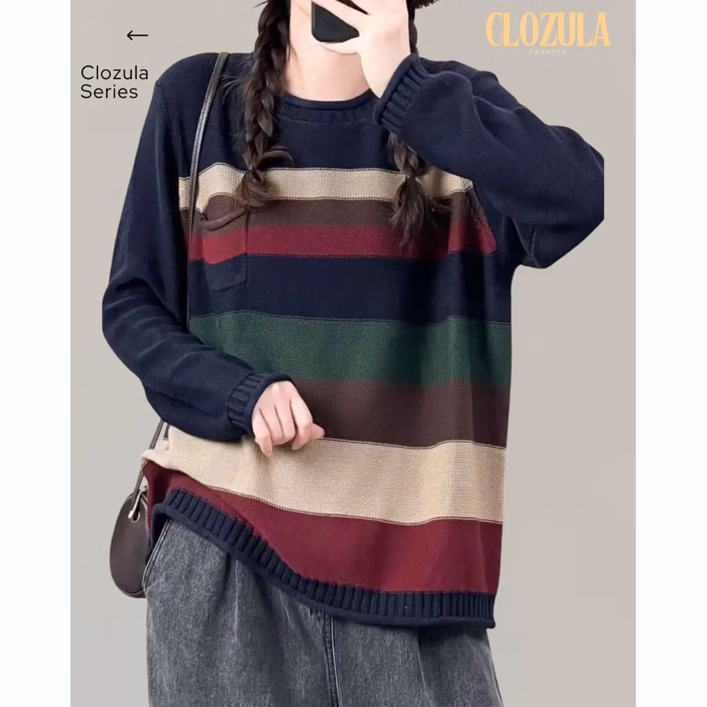 Sweater Stripe Korean Cewek Casual Wanita Remaja dewasa Outer - baju rajut untuk Wanita