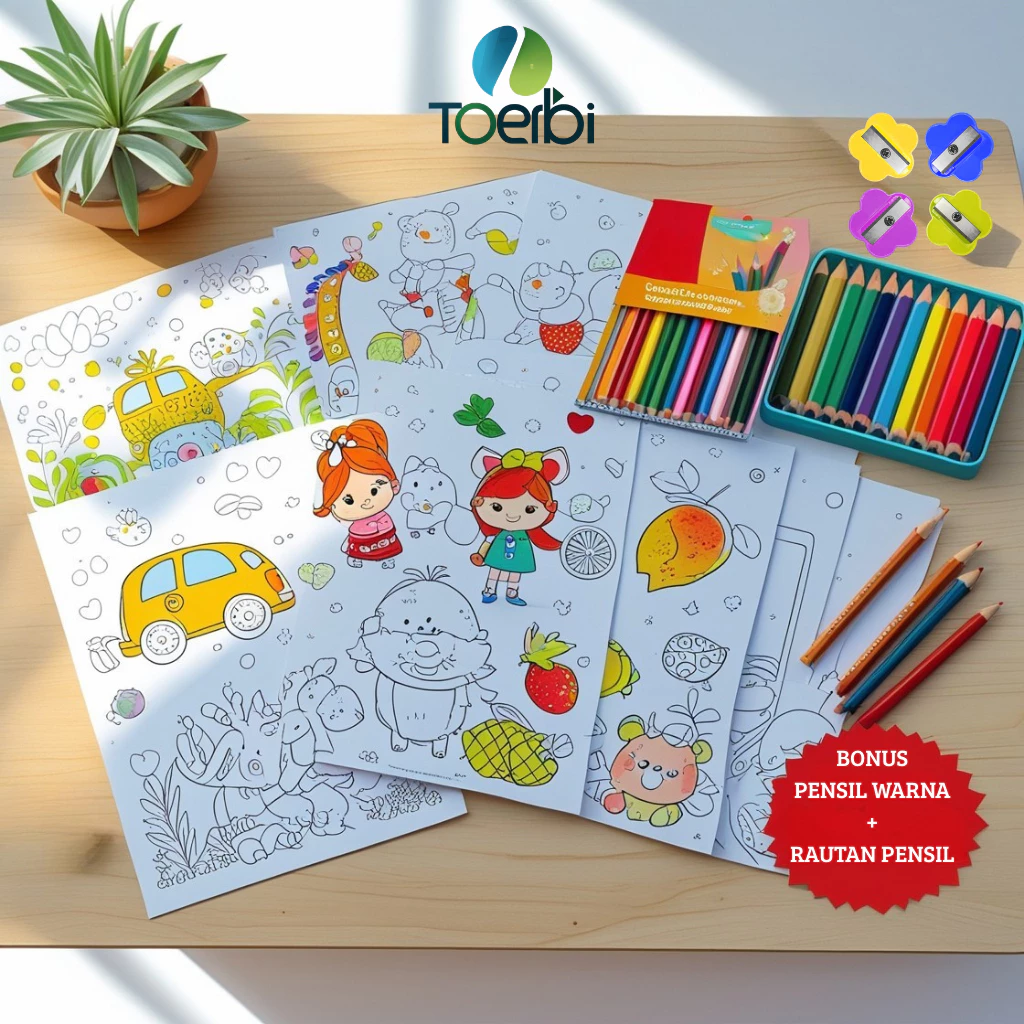 Paket Mewarnai Anak TK 50 Lembar Bonus Pensil Warna dan Rautan