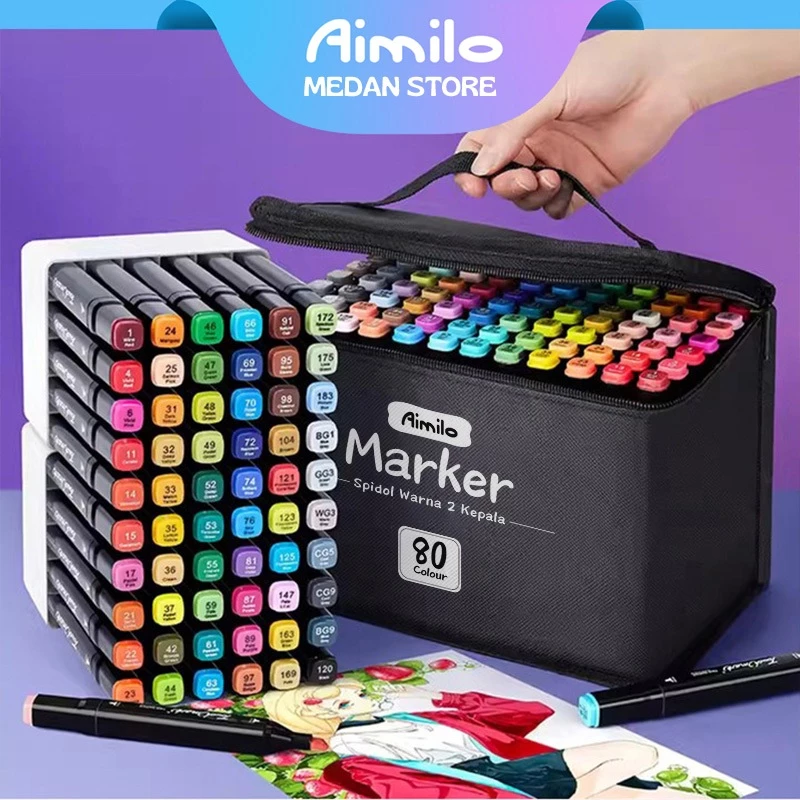 Aimilo - Spidol Warna Warni 1 Set Sketch Marker 2 Tip Touch Marker 48/60/80 Warna