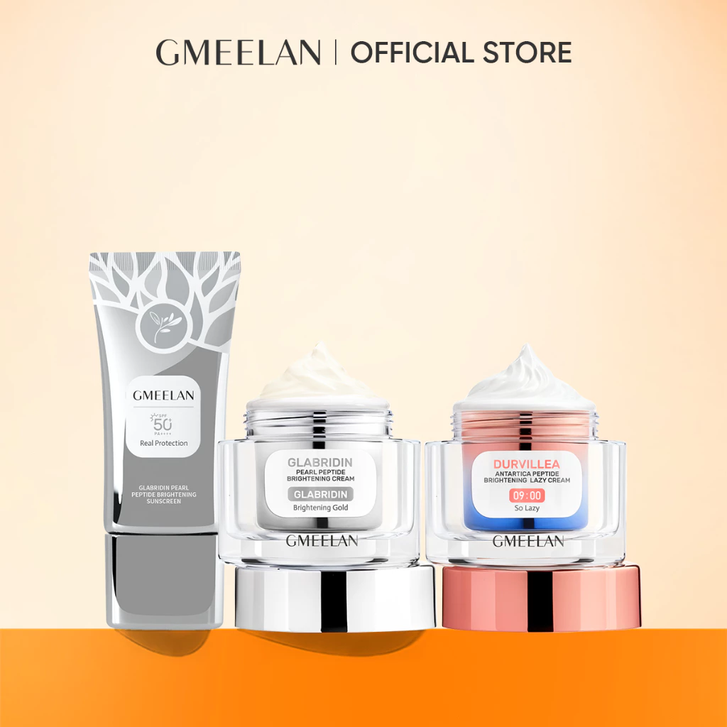 GMEELAN SET Mencerahkan Kulit Durvillea Polypeptide Pemulihan Krim Malas 30g + Glabridin Pearl Peptide Brightening Cream 30g Day Cream Night Cream Moisturizer Lazy Cream Skincare + Brightening Sunscreen SPF50+ PA++++ 30g Serum Sunblock Sunscreen Wajah