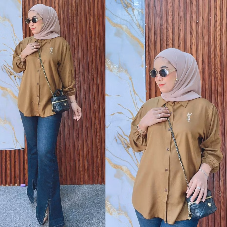 ALVIN.TSK | Kemeja Wanita Coklat  Bordir Lengan Panjang  Rayon Twill Premium