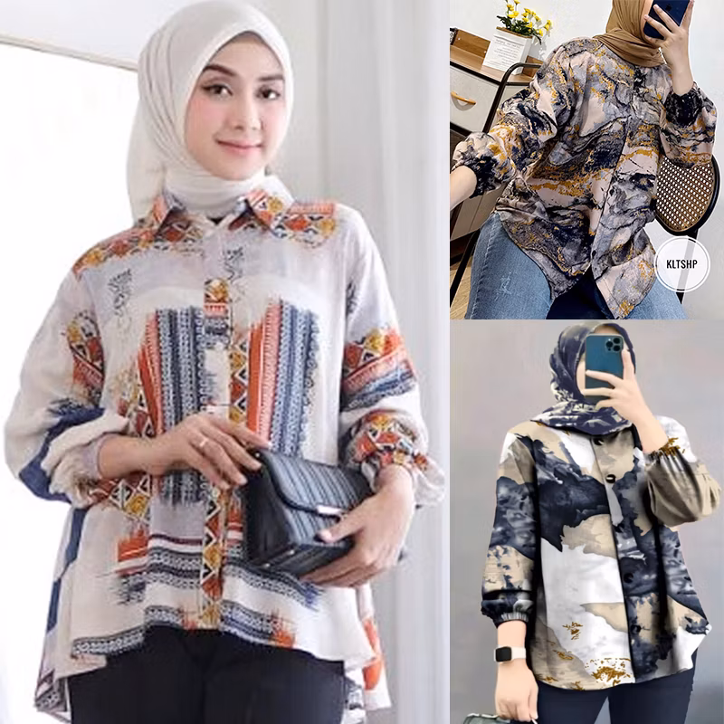 kemeja wanita jumbo motif abstrak lengan panjang 7/8 katun rayon model selegram terbaru