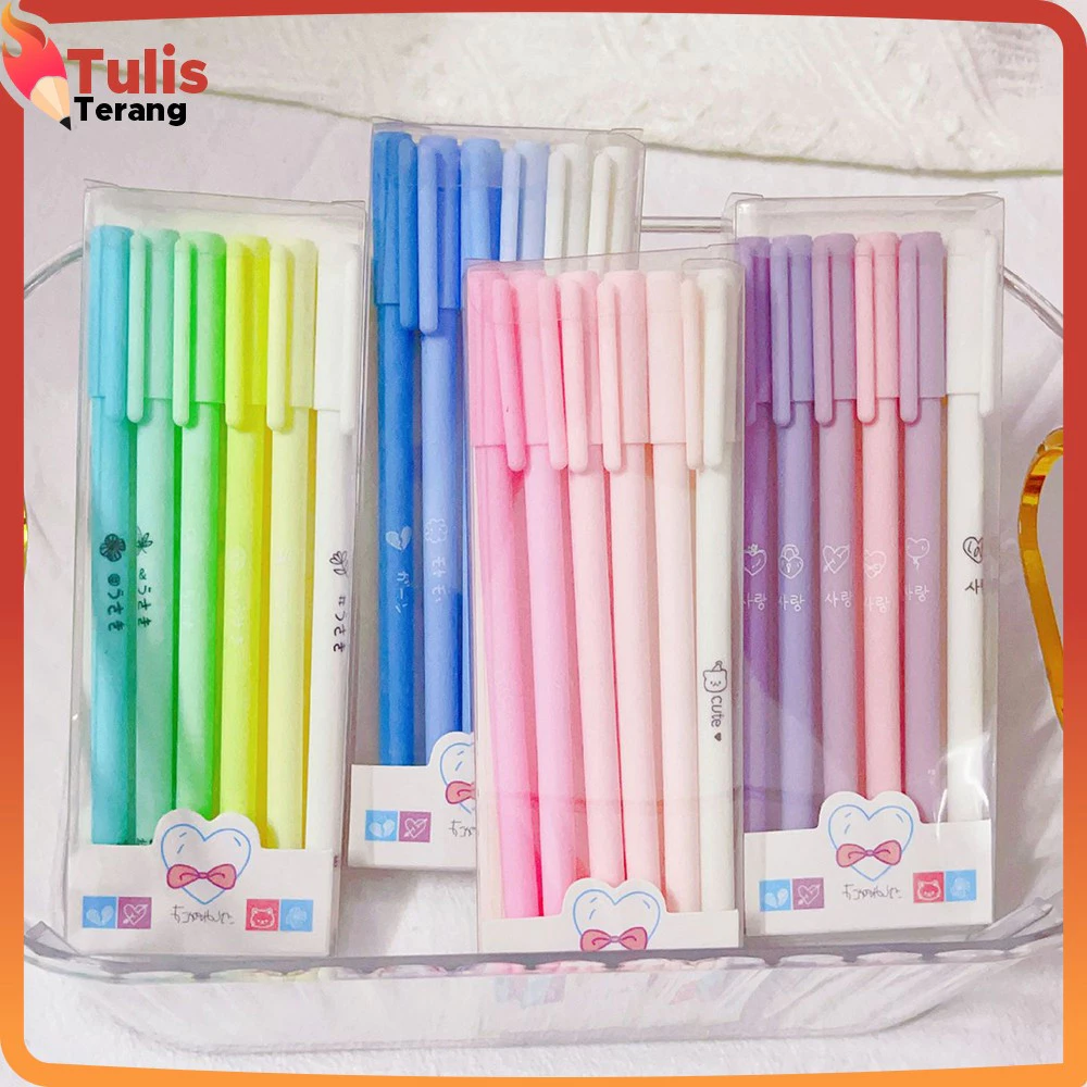 Pena Rainbow Perlengkapan Sekolah / Pulpen Gel 6IN1 Motif Polos Warna Pastel Gaya Korea / Alat Tulis Pena Cair 0.5mm Tulis Terang A48