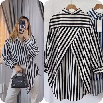 Baju Atasan Kemeja wanita dewasa/remaja motip salur model silang belakang lengan panjang korean styl
