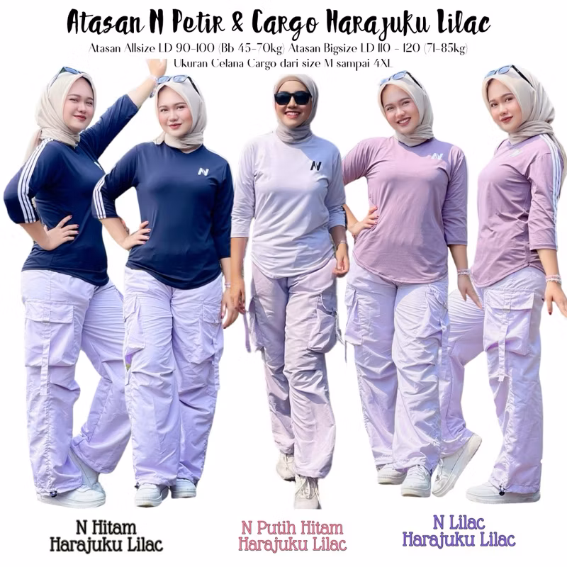 1Set Atasan N Petir & Harajuku Lilac Atasan Baju Bahan Spandek celana cargo Bahan Parasut Untuk Olah