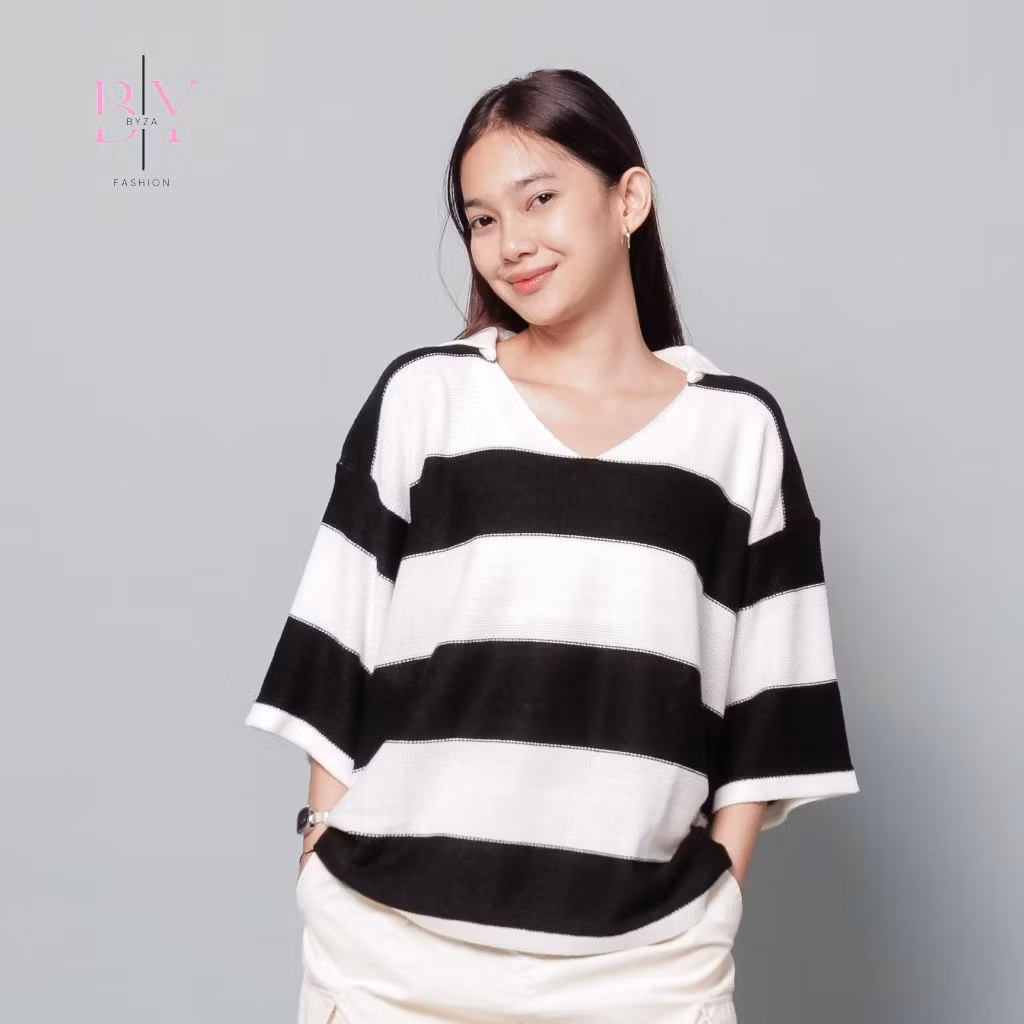 Knitwear Rajut Oversize Wanita Motif Premium Blouse Baju Salur Pita Vneck Knit Kalila Florer Sweater