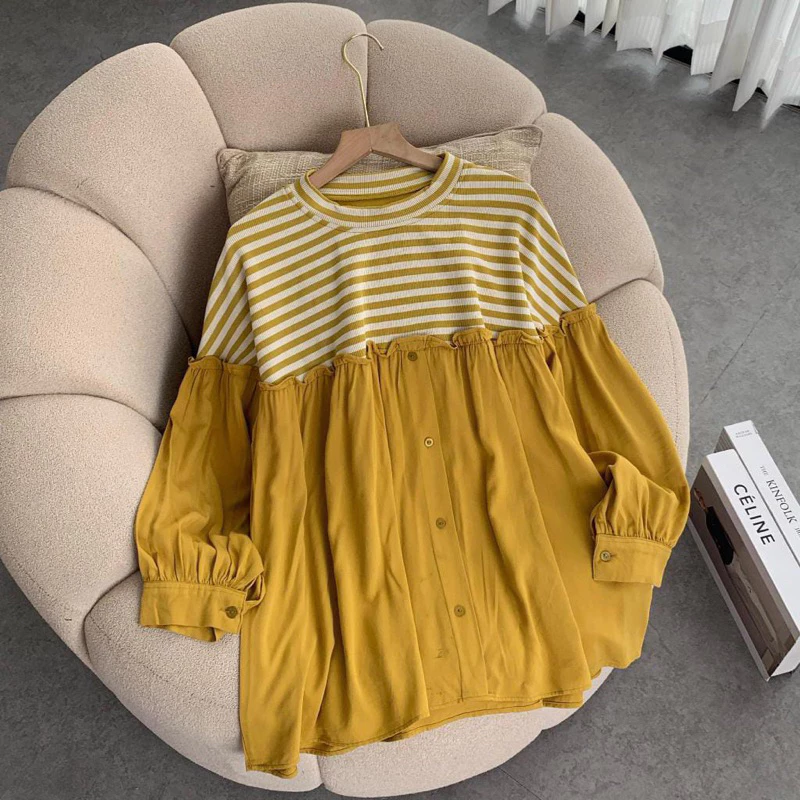 Belva stripe blouse rayon knitt leher karet lengan panjang