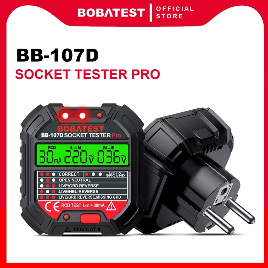 BOBATEST 107D Socket Tester Digital 48V-250V Watt Meter Socket Tester Otomatis Socket Pencari Kebocoran Listrik Amper BB-107D