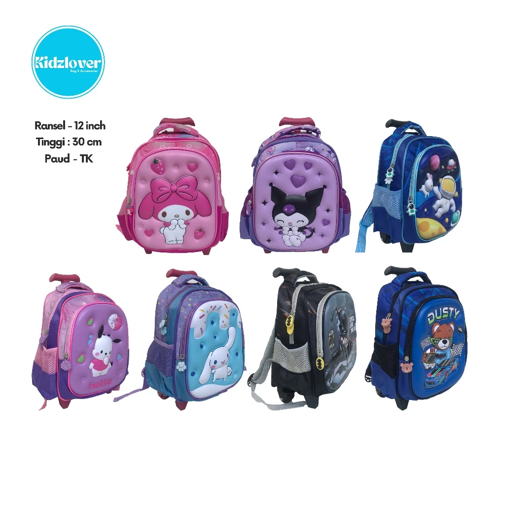 Tas Dorong Troli Timbul Glossy Koper Ransel Sekolah Paud-TK Anak Motif 3D Timbul IMPORT