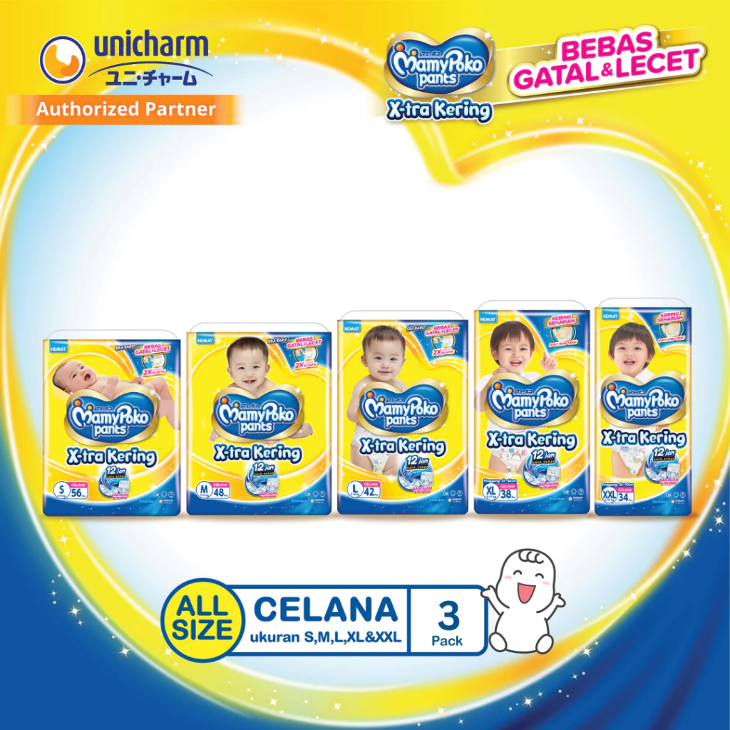 MamyPoko Pants X-tra Kering - Popok Celana All Size (S-XXL) 3 Pack / 1 Karton - Ultra Jumbo