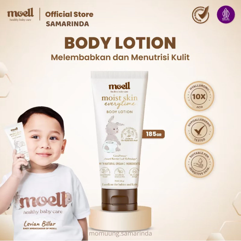 MOELL Body Lotion Bayi / moell Moist Skin Everytime 185 gr / Natural Organic / Lotion Pelembab Kulit Bayi / Aman untuk Kulit Sensitif / Moell Samarinda Balikpapan Smd Bontang Kalimantan Banjarbaru Banjarmasin Mom Uung Samarinda MomUung smd