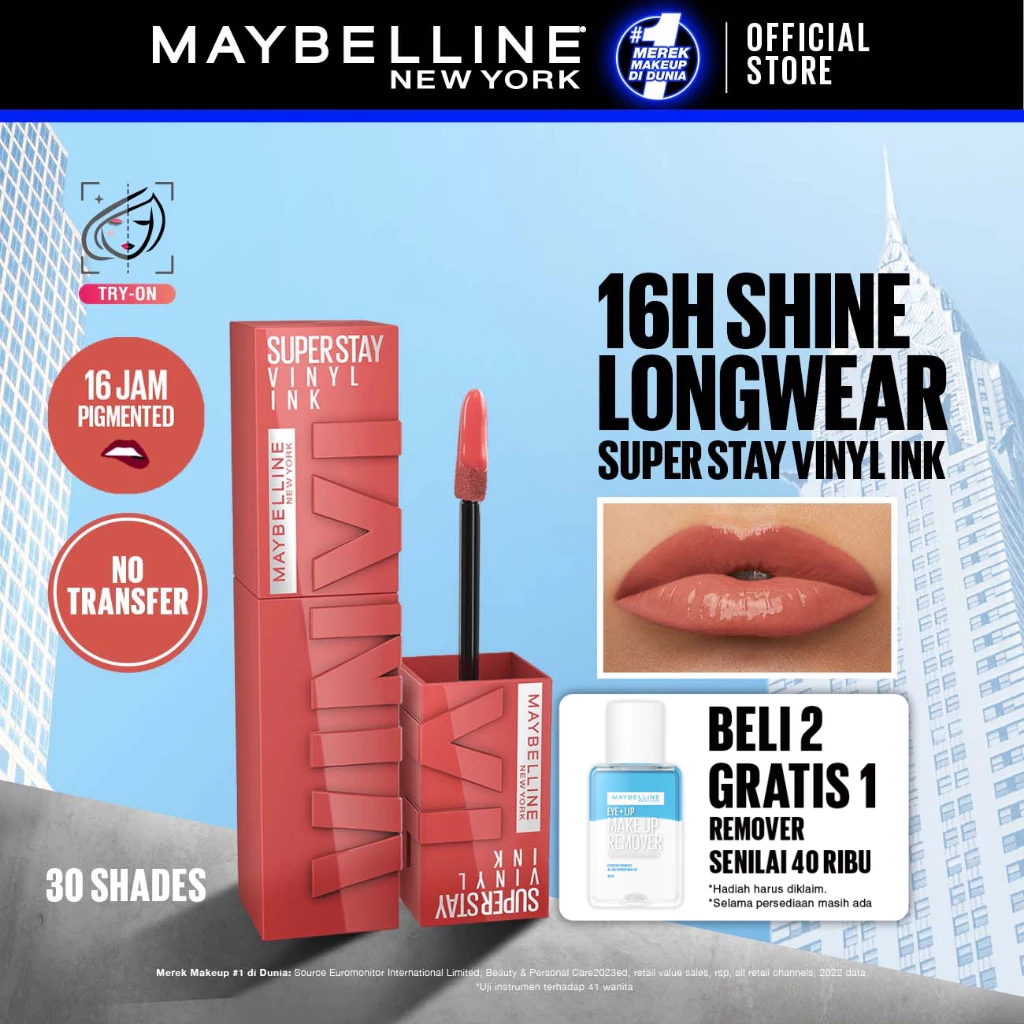 MAYBELLINE OFFICIAL Superstay Vinyl Ink 4.2 ml - Shiny Pigmented Liquid Lipstik Lipstick Make Up Lipcream Longlasting Waterproof Viral Tahan Lama 16 jam