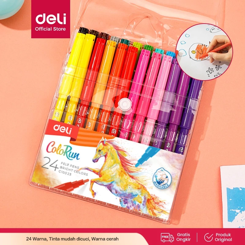 Deli Spidol Warna - Felt Pen dapat dicuci 1.0mm 12/18/24 Warna EC10023
