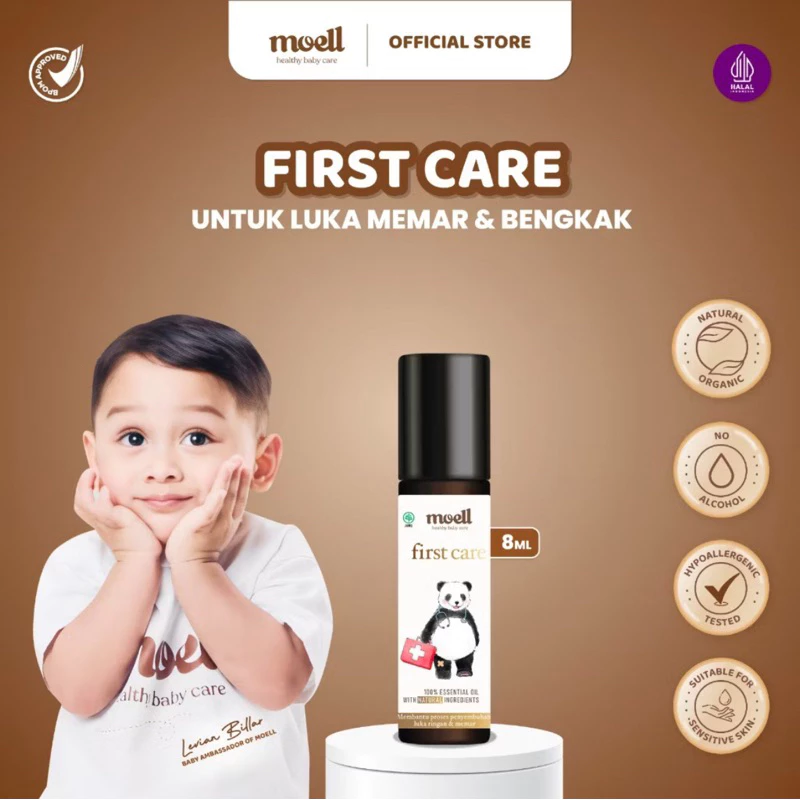 MOELL Essential Oil FIRTS CARE untuk MENRINGANKAN Luka Memar dan Bengkak  Baby Anak / Minyak aromatherapi moell natural oil / Minyak pijat baby anak / Moel Moell Samarinda smd bpp balikpapan bontang tenggarong sangatta banjarbaru banjarmasin Jawa