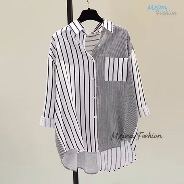 MF Kemeja Wanita Salur Kombinasi Stripe Shirt Atasan Wanita Premium