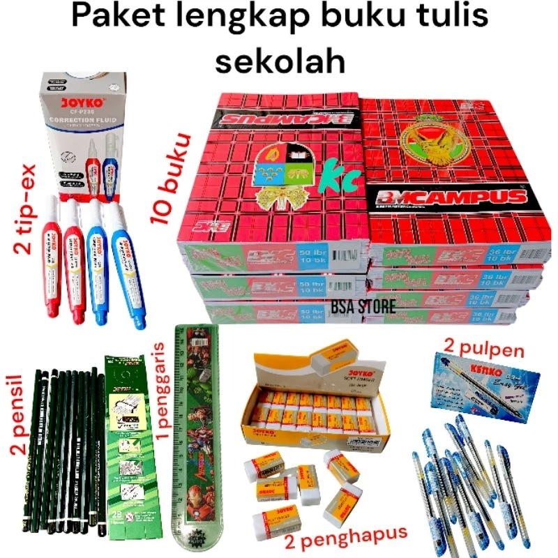 (PROMO) PAKET LENGKAP BUKU TULIS SEKOLAH PANJANG BESAR BMCAMPUS 1 PACK/ 10 BUKU ISI 36 LEMBAR FREE 2 PULPEN+ 2 PENGHAPUS+ 2 PENSIL+ 2 TIP -EX+ 1 PENGGARIS