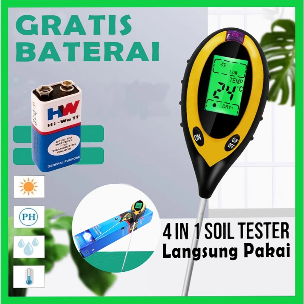 Alat Pengukur suhu Tanah Soil Moist PH Analyzer Digital Soil Survey 3in1 4in1 6in1 FREE BATERAI 9V Siap pakai