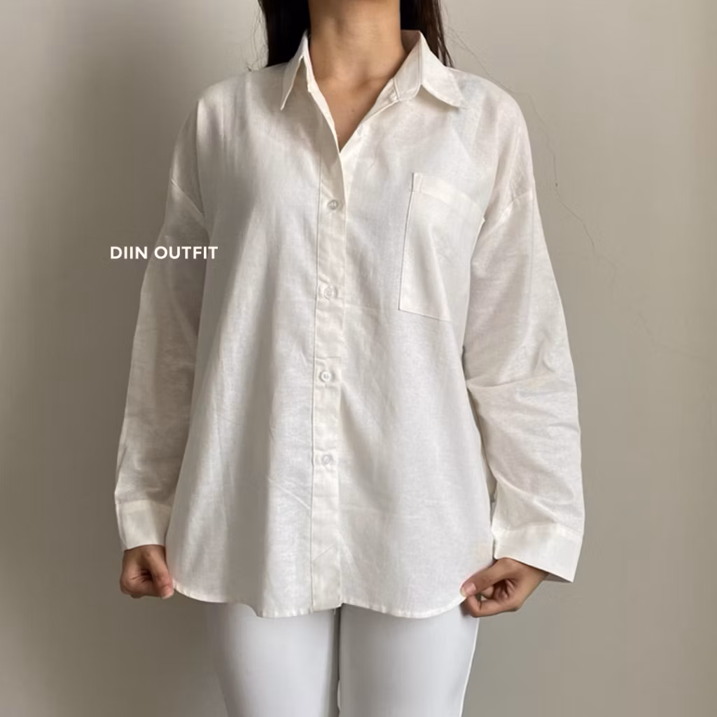 Kemeja Wanita Shirt Oversize - Kemeja Oversize Shirt Blouse Linen Basic Jumbo Belahan Belakang Polos