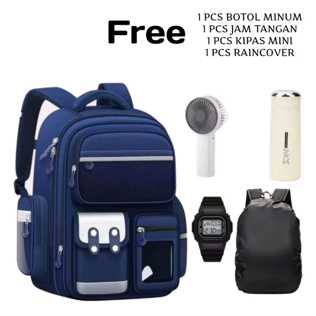 Tas Ransel 5in1 Ransel Anak Sekolah Laki Laki PAUD TK SD Free Kipas+Botol Minum+Jam+Raincover