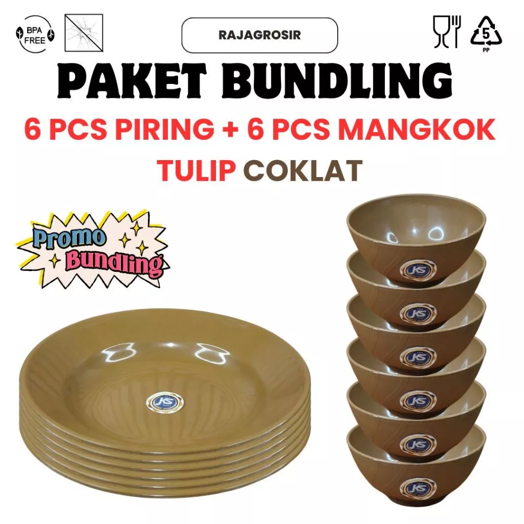 PAKET BUNDLING ISI 12 PCS (1 LUSIN) 6 PCS MANGKOK TULIP COKLAT + 6 PCS PIRING