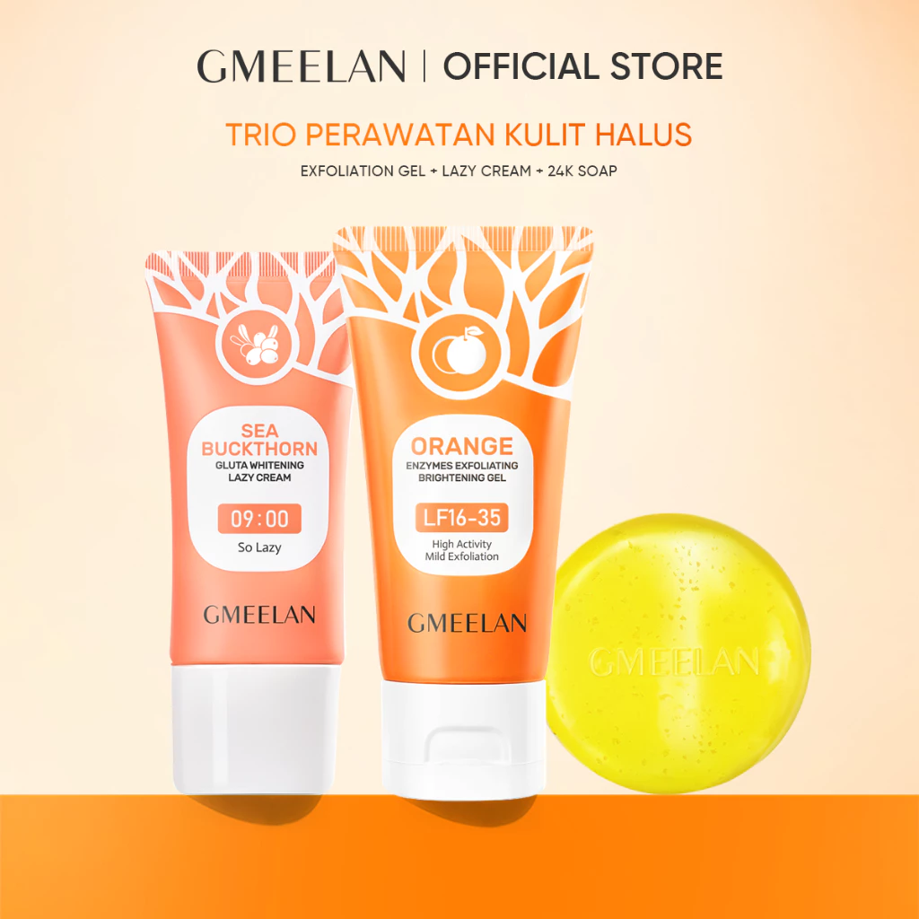 GMEELAN SET 1 Minute Exfoliating Gel 50g + Pemutih Wajah Lazy Cream 30g + 24k Gold Body Whitening Soap 100g