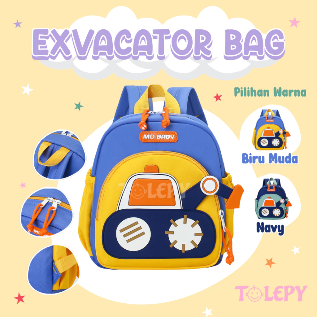 TOLEPY Tas Sekolah Anak Ekskavator | Tas Anak Laki-Laki TK / PAUD | Boy Kindergarten & Playgroup Excavator School Bag | Tas Kecil Mini
