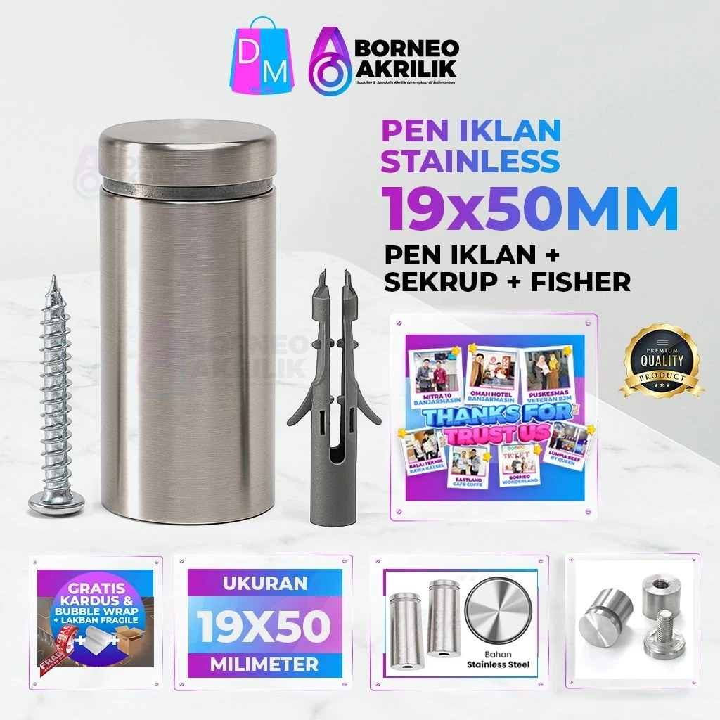 PEN IKLAN 19X50MM PEN IKLAN STAINLESS + FISER VISER + BAUT BORNEO AKRILIK DILEMASHOP AKRILIK BANJARMASIN PERLENGKAPAN USAHA AKRILIK BANJARBARU F&B USAHA MAKANAN